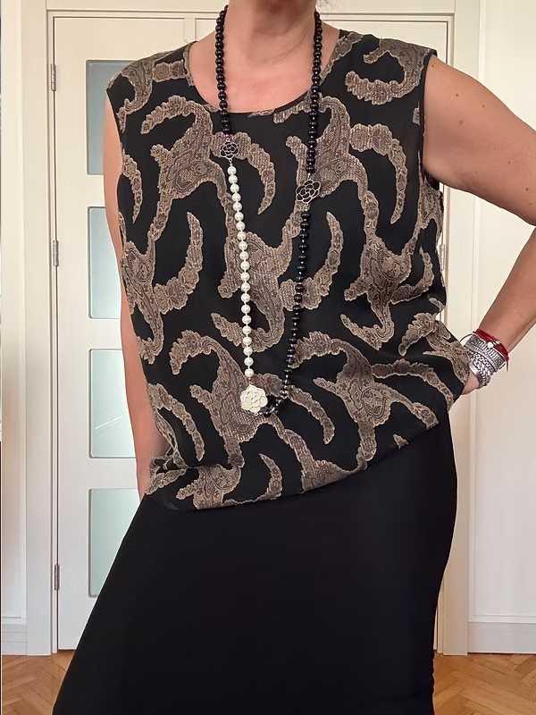 Vintage Gold Baskılı Şifon Bluz