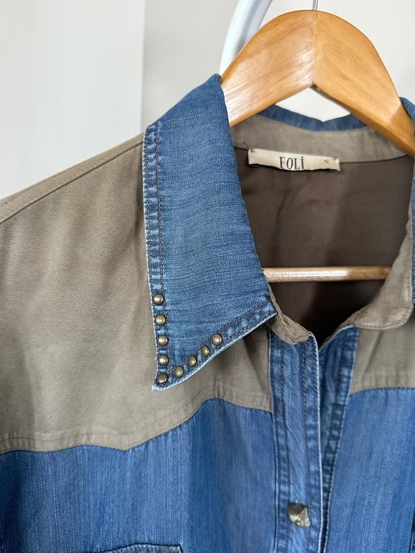Foli Vintage Büyük Beden Jean Gömlek