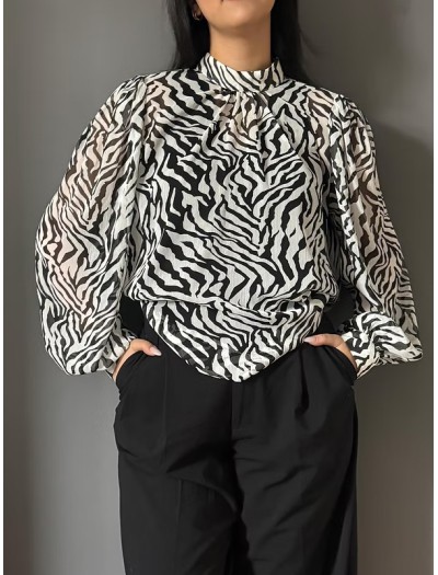 Vintage Şifon Zebra Desen Bluz