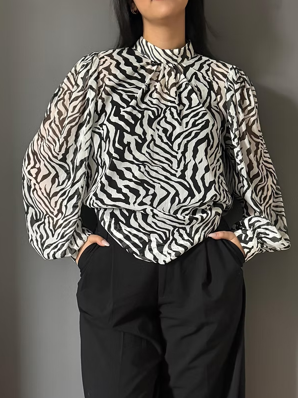 Vintage Şifon Zebra Desen Bluz
