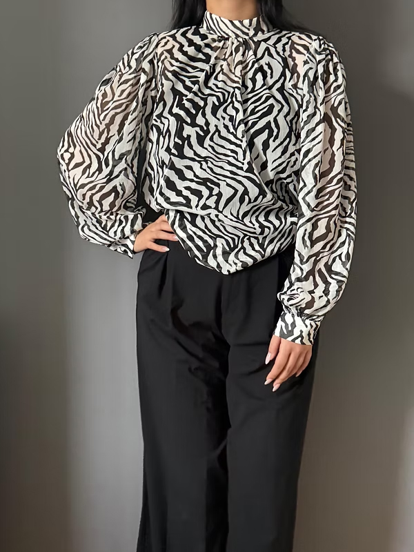 Vintage Şifon Zebra Desen Bluz