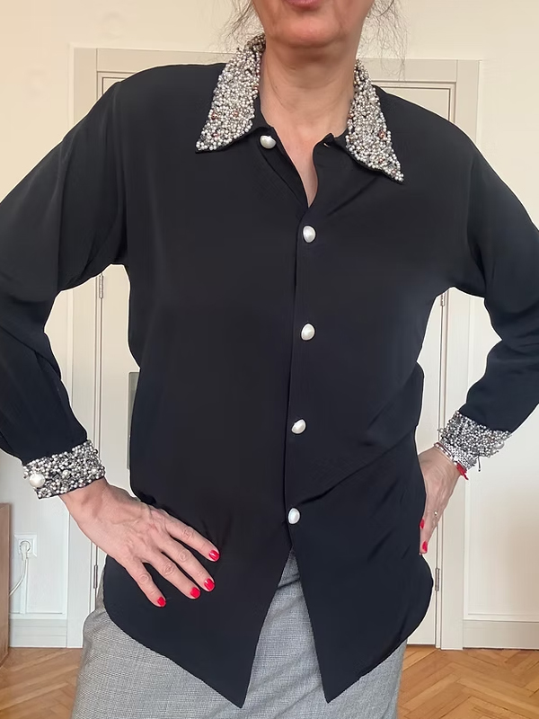 Vintage Yaka ve Kolları İnci İşlemeli Gömlek