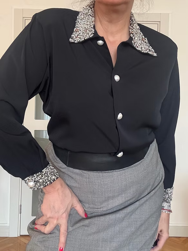 Vintage Yaka ve Kolları İnci İşlemeli Gömlek