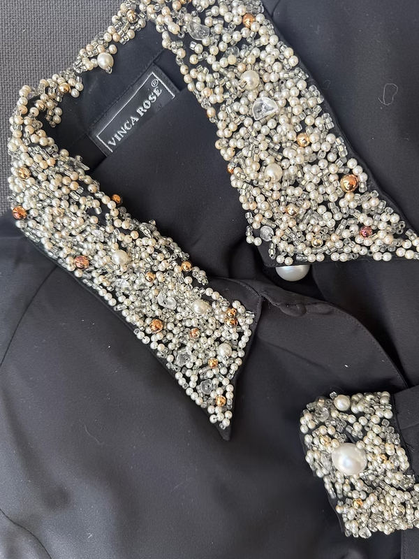 Vintage Yaka ve Kolları İnci İşlemeli Gömlek