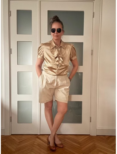 Vintage Gold Taş Düğmeli Saten Gömlek