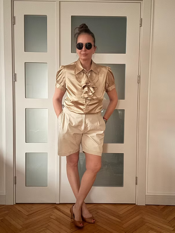 Vintage Gold Taş Düğmeli Saten Gömlek