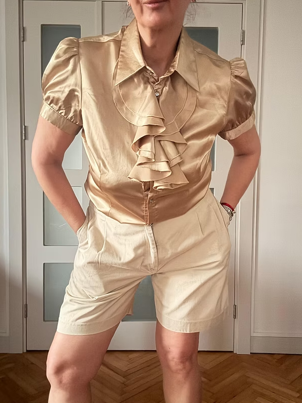 Vintage Gold Taş Düğmeli Saten Gömlek