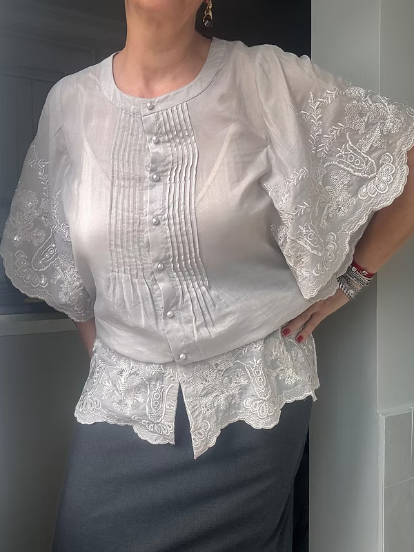 Vintage Dantel ve İnci Düğmeli İpek Gömlek