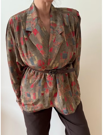Vintage 80 Soyut Desen Gömlek/Ceket Saten-İpek