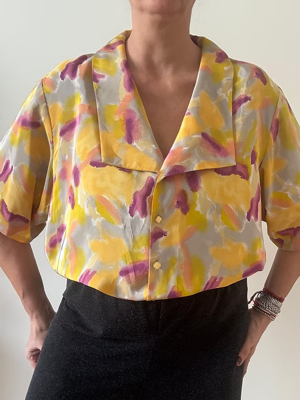 Vintage 80 Soyut Desenli Saten-İpek Gömlek