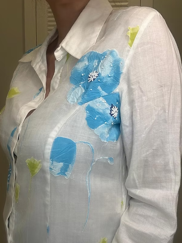 Vintage Keten Tül Üzeri İşlemeli Gömlek