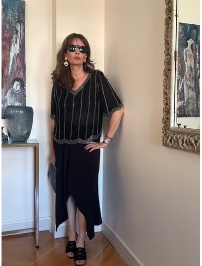 Vintage Boncuk işlemeli İpek Bluz