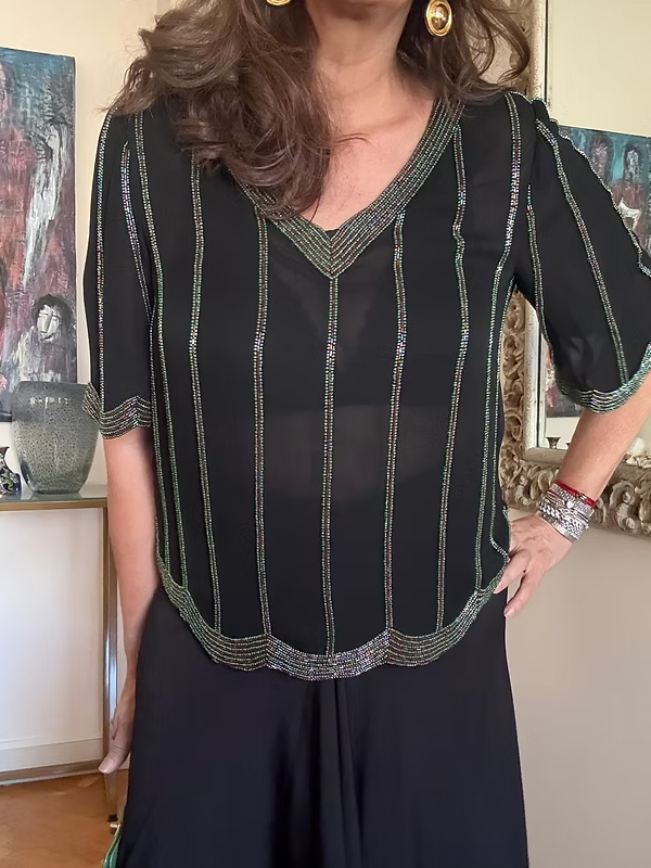 Vintage Boncuk işlemeli İpek Bluz