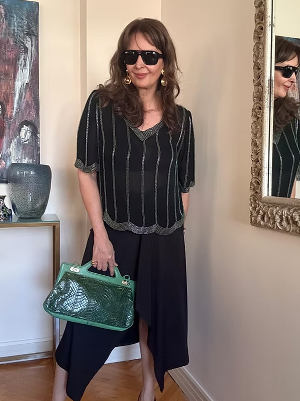 Vintage Boncuk işlemeli İpek Bluz