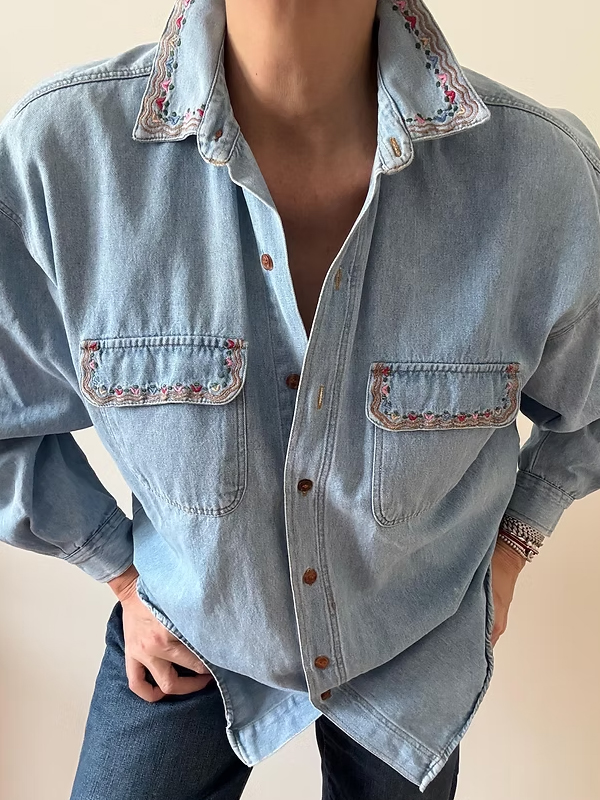 Vintage Nakışlı Jean Gömlek