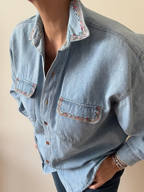 Vintage Nakışlı Jean Gömlek