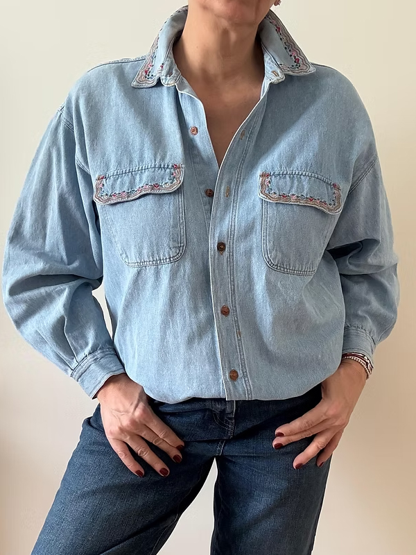 Vintage Nakışlı Jean Gömlek