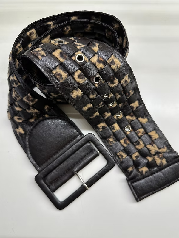 Vintage Leopar Detaylı Deri Kemer