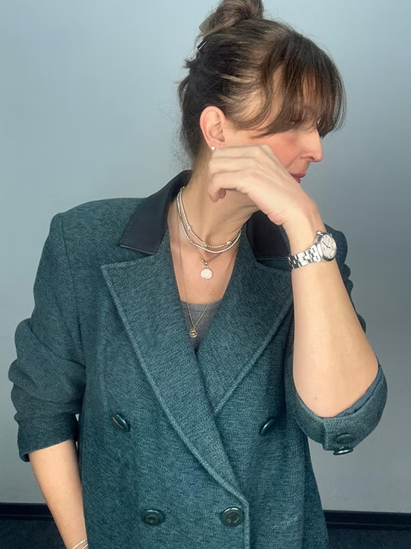 Deri yakalı Vintage Yün Kaban