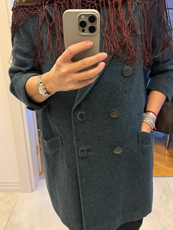 Deri yakalı Vintage Yün Kaban