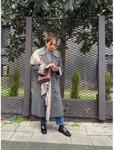 1980s Özel Dikim Yün-Kaşmir Gri Vintage Manto