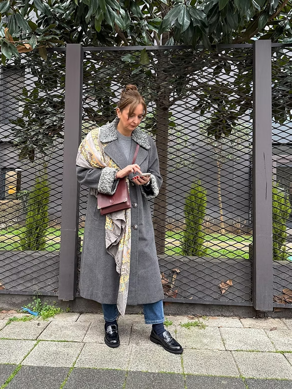 1980s Özel Dikim Yün-Kaşmir Gri Vintage Manto