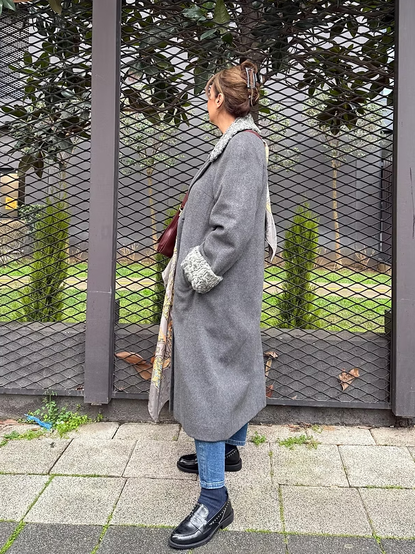 1980s Özel Dikim Yün-Kaşmir Gri Vintage Manto