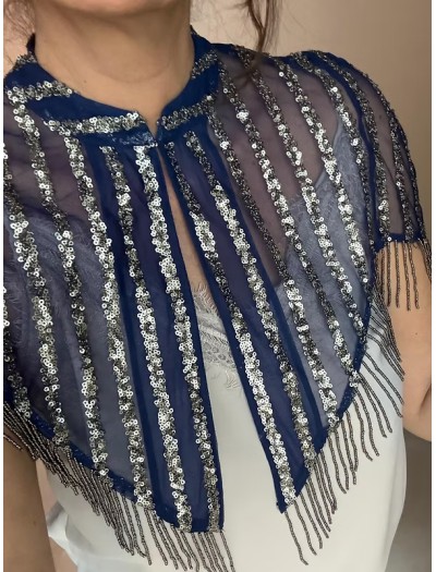 Vintage Tül Üzeri Boncuk ve Pul İşlemeli Bolero