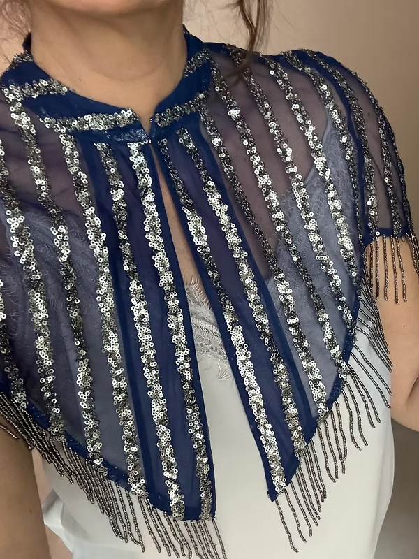 Vintage Tül Üzeri Boncuk ve Pul İşlemeli Bolero