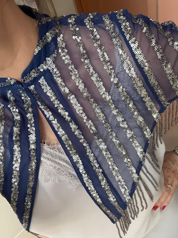 Vintage Tül Üzeri Boncuk ve Pul İşlemeli Bolero