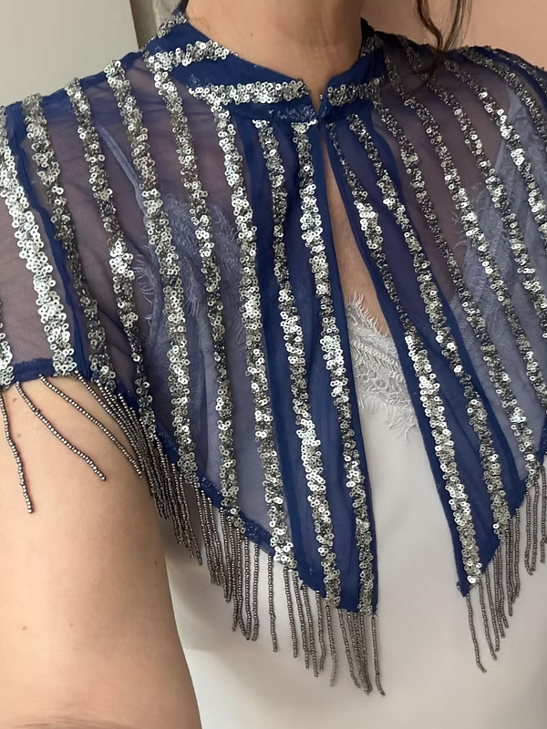 Vintage Tül Üzeri Boncuk ve Pul İşlemeli Bolero