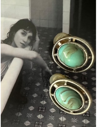 Vintage Turkuaz Silver Oval Küpe