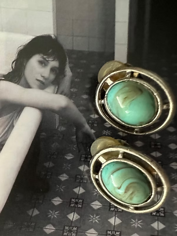 Vintage Turkuaz Silver Oval Küpe