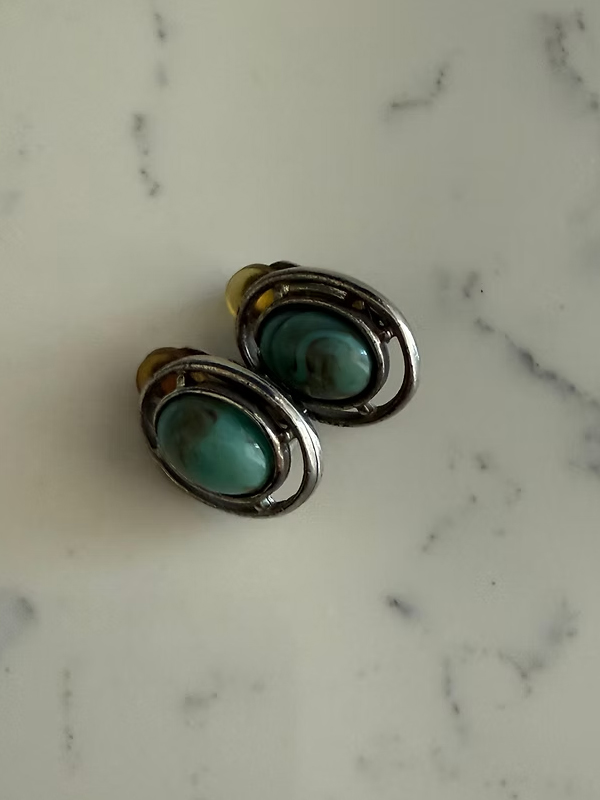 Vintage Turkuaz Silver Oval Küpe