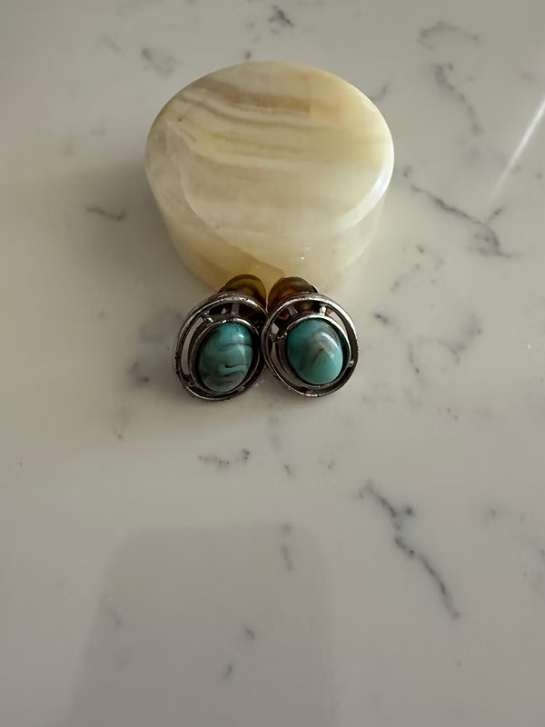 Vintage Turkuaz Silver Oval Küpe