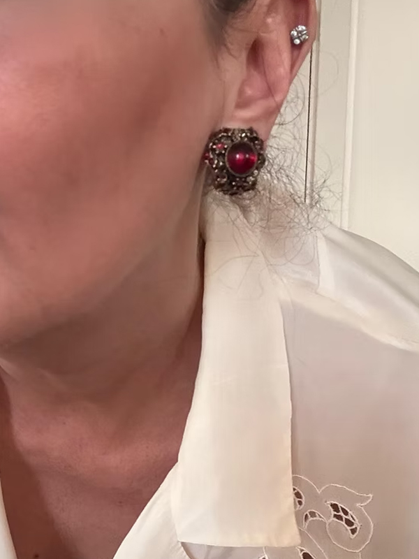 Vintage 80s Bordo Taşlı Küpe