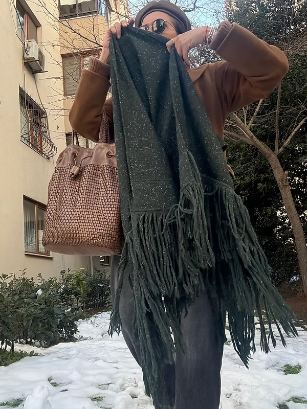 Vintage İtalyan Püsküllü Yün Şal