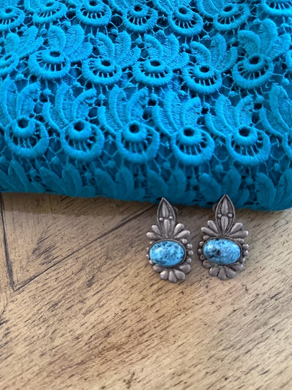 Vintage 80s Turkuaz Taşlı Silver Küpe