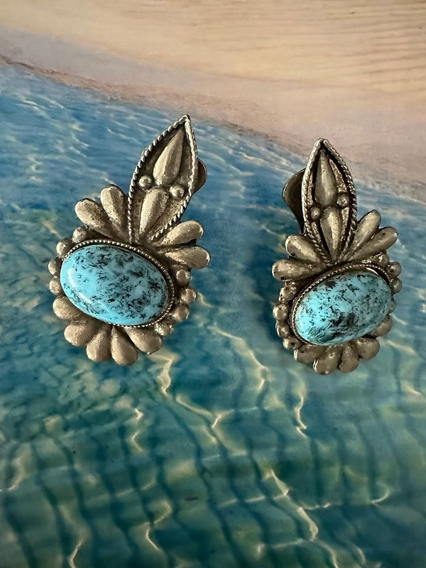 Vintage 80s Turkuaz Taşlı Silver Küpe