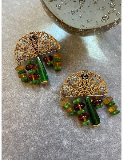 Vintage Doğal Taşlı Yelpaze Küpe