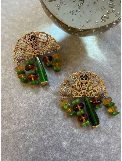 Vintage Doğal Taşlı Yelpaze Küpe