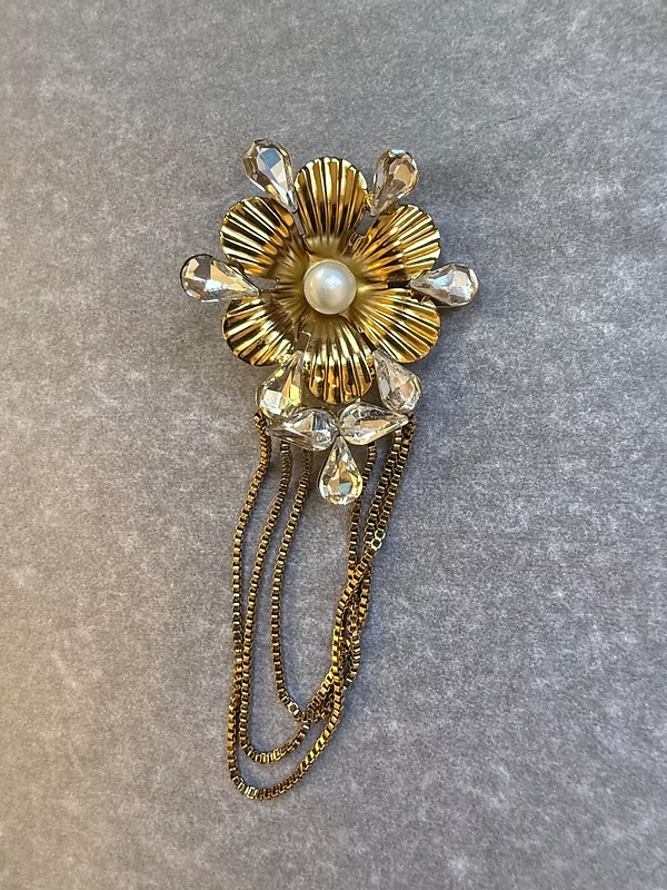 Vintage Germany Gold Taşlı ve İncili Broş