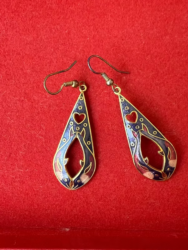 Vintage 80's Cloisonne Mineli Damla Küpe