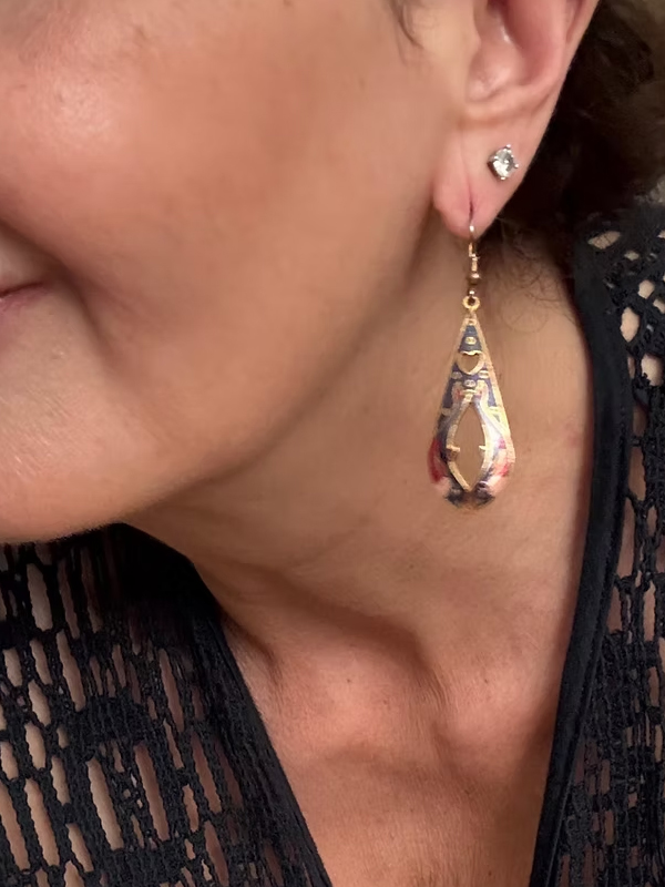 Vintage 80's Cloisonne Mineli Damla Küpe