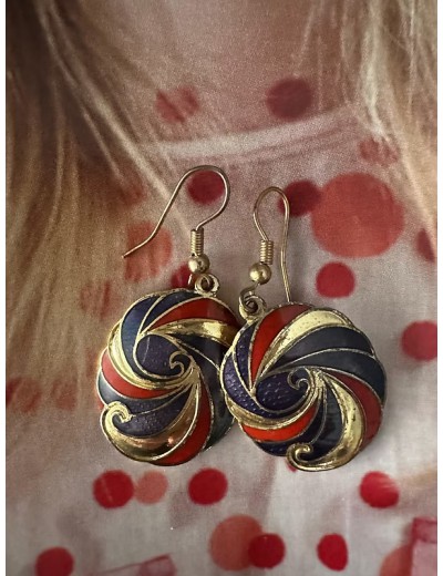 Vintage 80's Cloisonne Mineli Küpe ( Kırmızı)