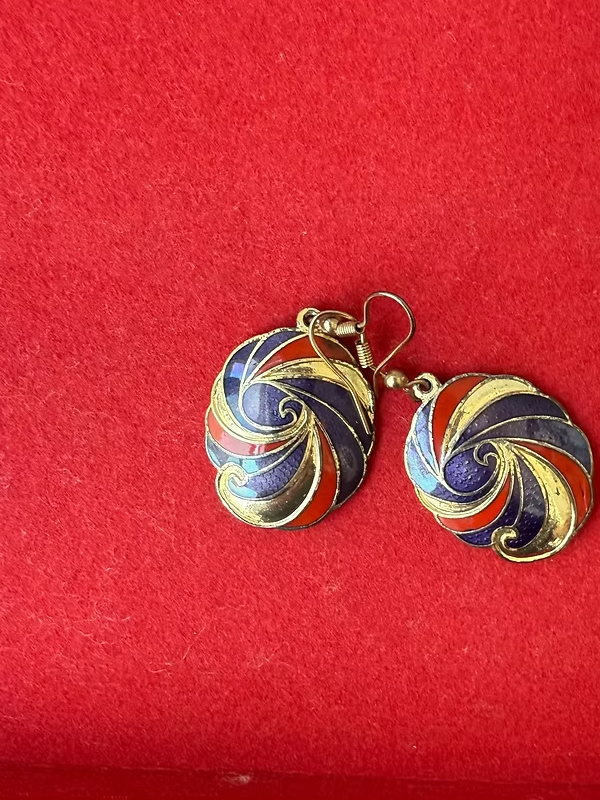 Vintage 80's Cloisonne Mineli Küpe ( Kırmızı)