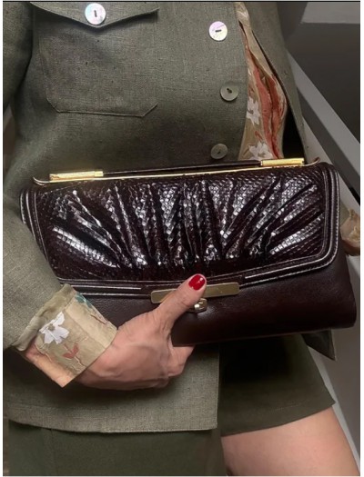 Vintage Yılan Derisi & Deri  Gold Saplı Çanta