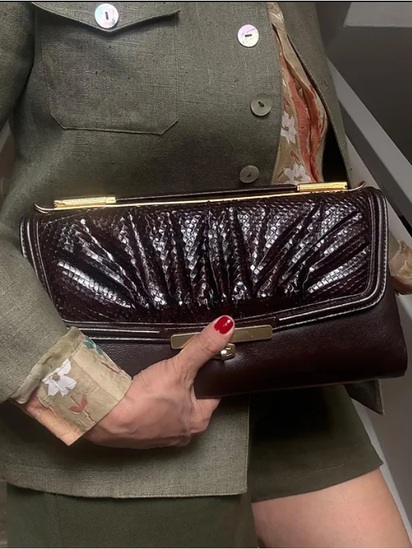 Vintage Yılan Derisi & Deri  Gold Saplı Çanta